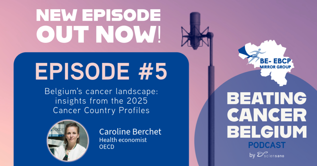 Visual promoting the fifth episode of the "Beating Cancer Belgium" podcast, dedicated to the 2025 Belgiums's Cancer Country Profile.